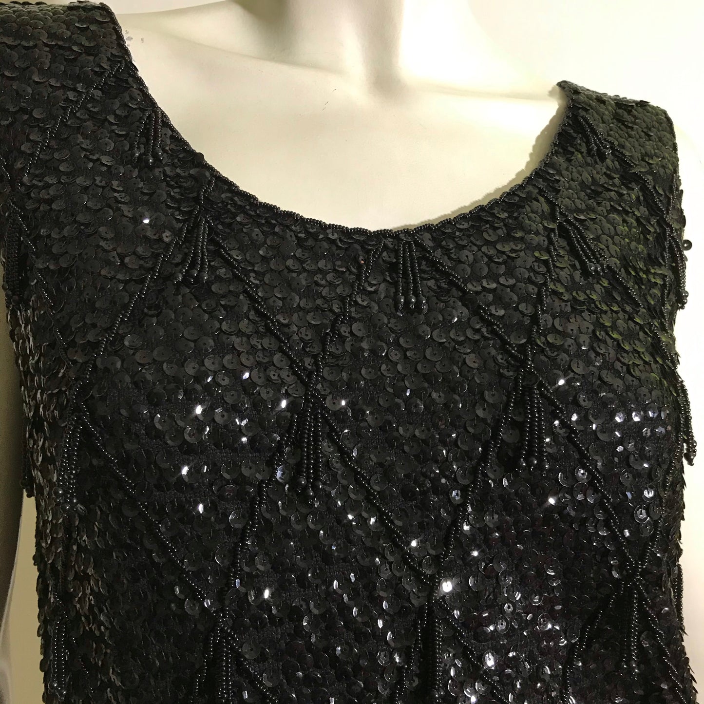 Shimmering Black Sequined and Beaded Wool Knit Camisole Top circa 1960s