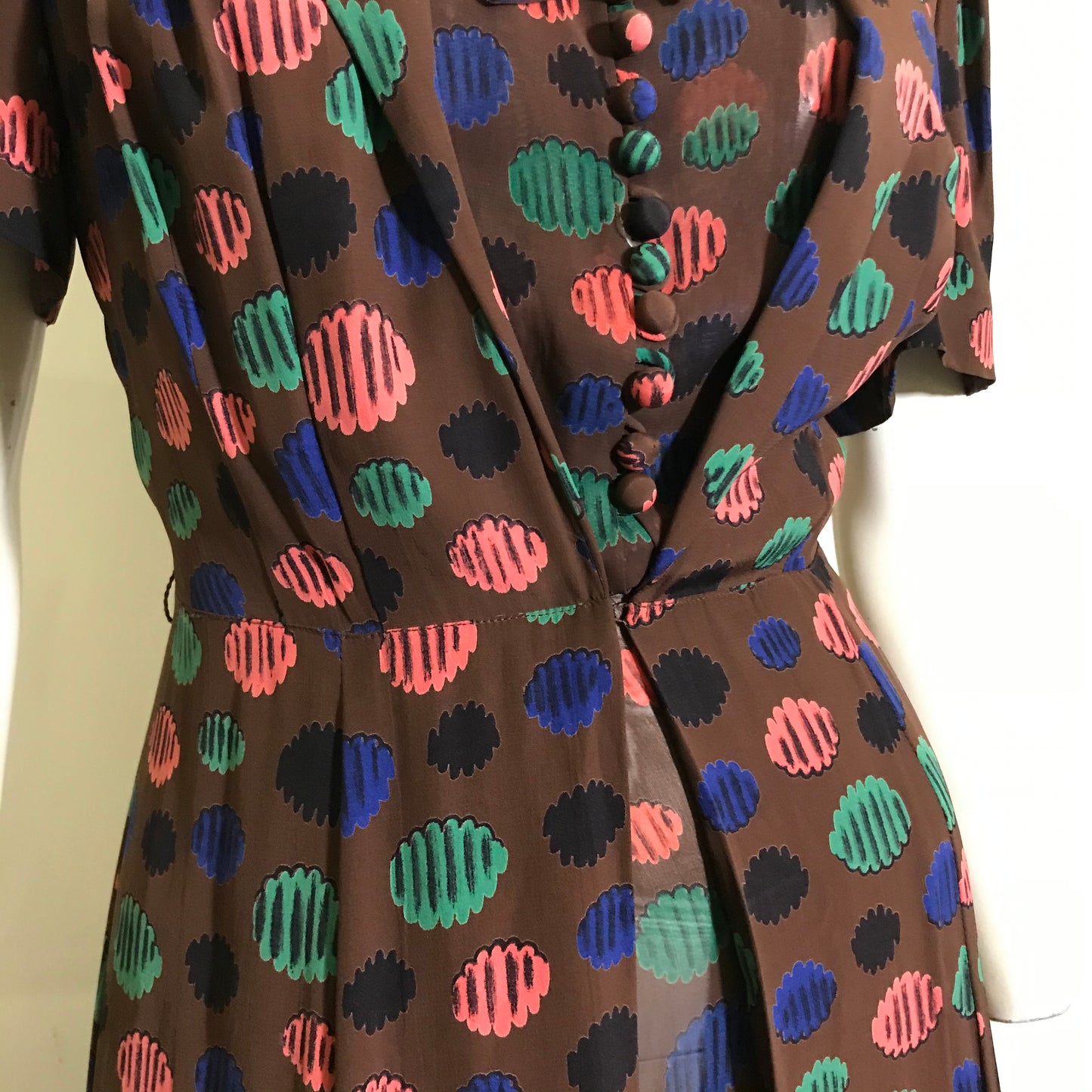 Semi-Sheer Cocoa Brown Rayon Dress and Overdress with Abstract Polka Dot Print circa 1940s