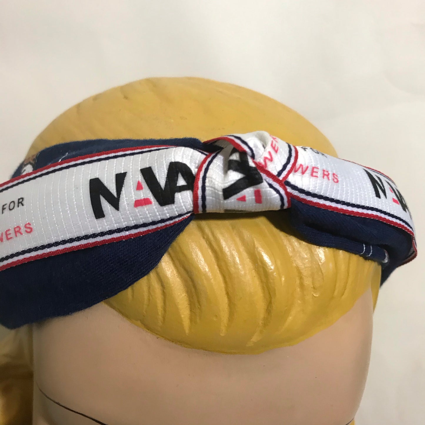 Cigarette Novelty Print! Travel Collection Blue, Red and White Vintage Airline Style Ribbon Turban Headband