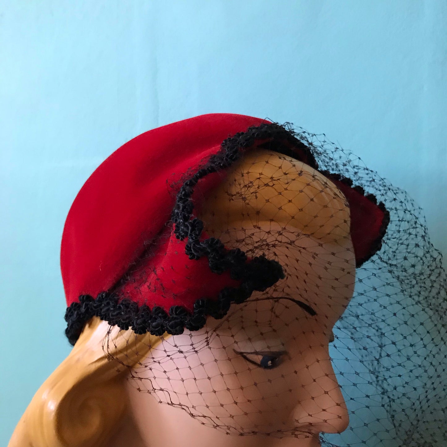 Molten Red Curled Devil Horn Veiled Cocktail Hat circa 1950s
