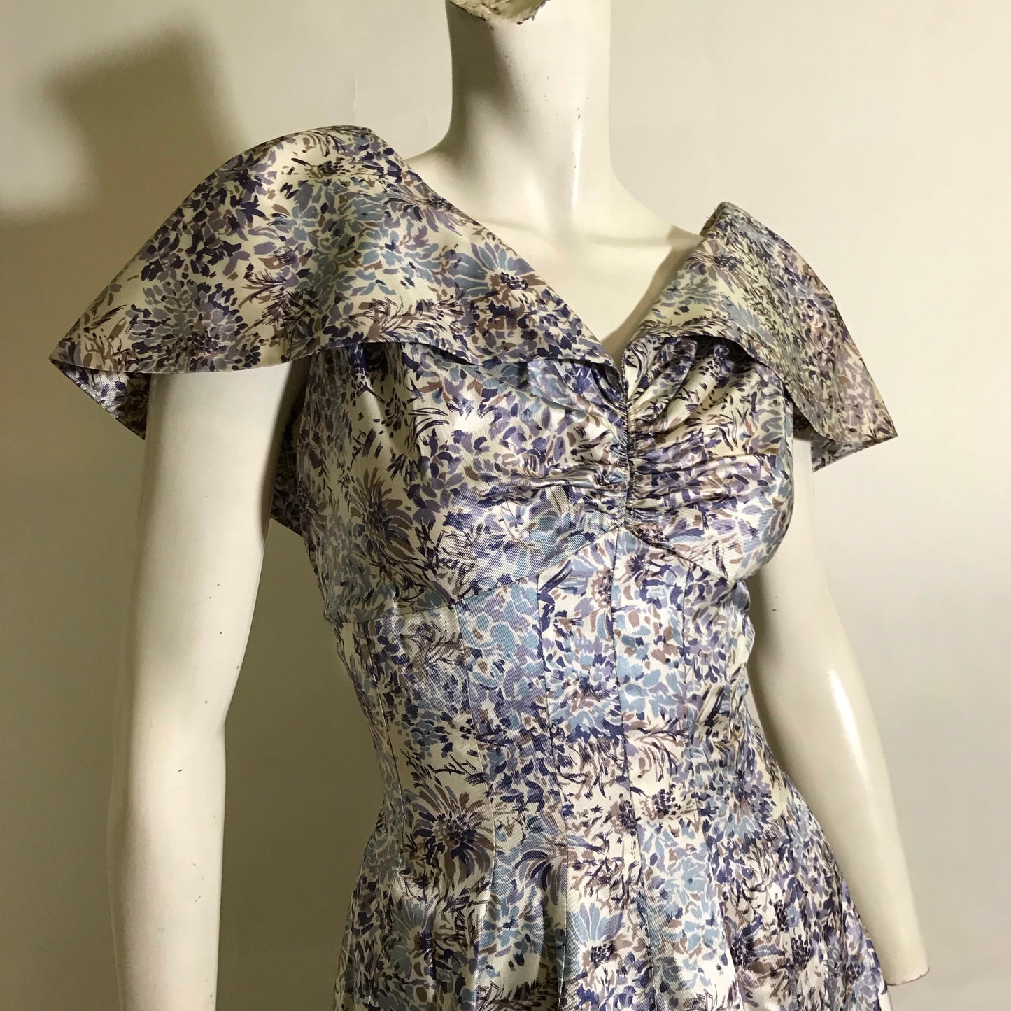 Shawl Collar Blue and Lilac Floral Print Princess Seamed Party Dress circa 1950s