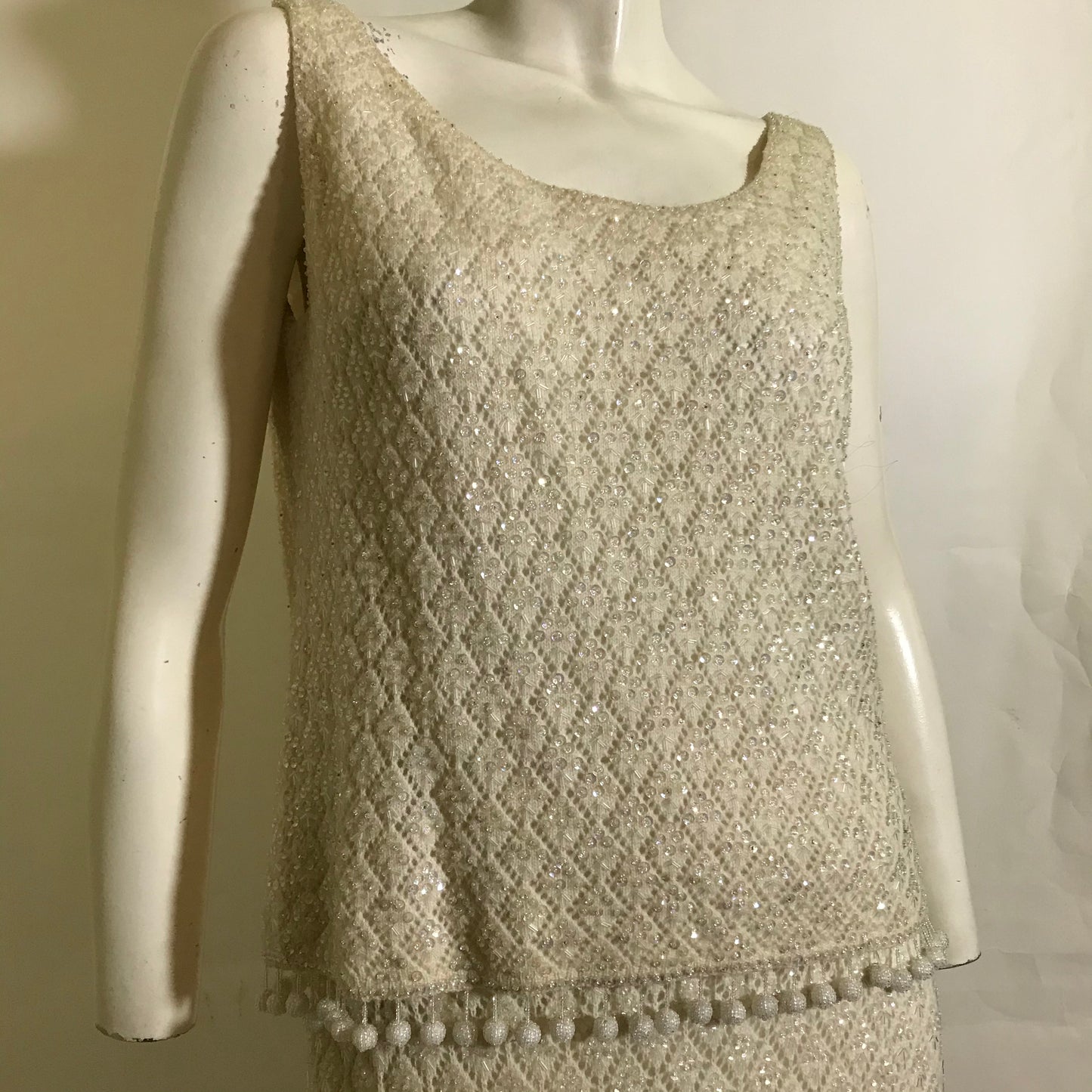 Creamy Knit Wool Beaded and Sequined 2 Pc Dress with Beaded Pom Pom Fringe circa 1960s
