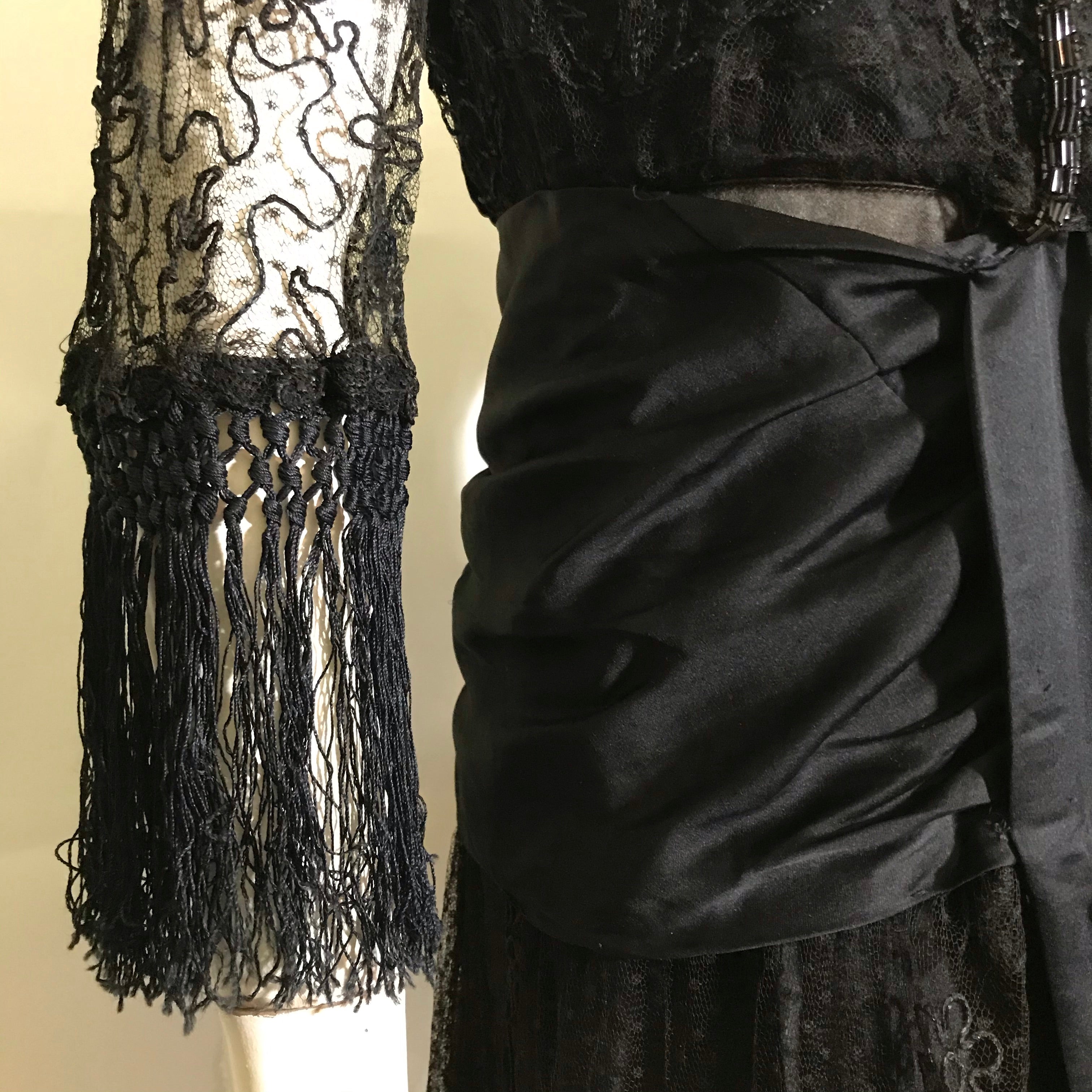 Elaborate Ink Black Silk Formal Dress with Beading Lace and Long