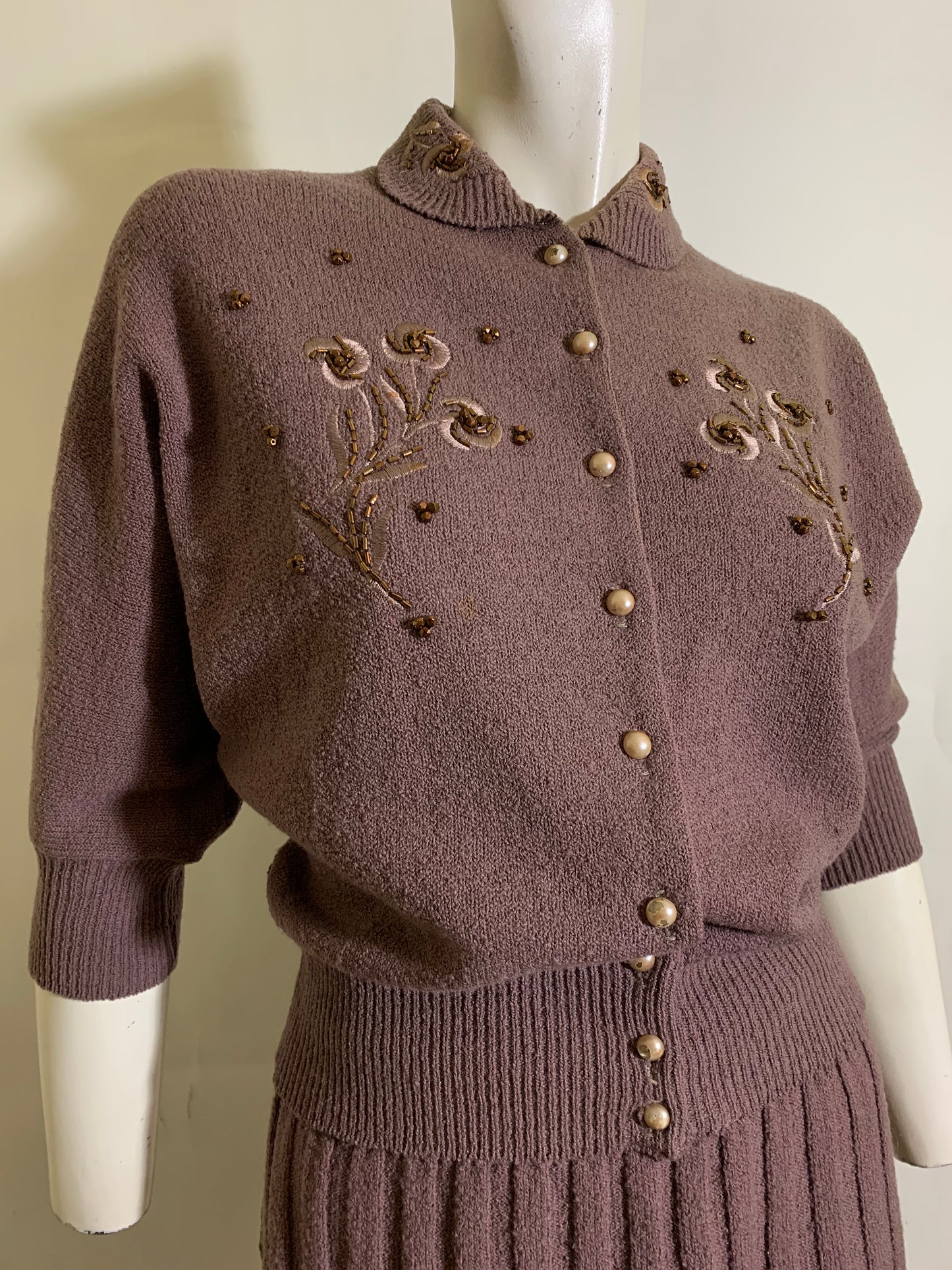Rosy Brown Boucle Knit Wool 2 Pc Dress Set with Beading and Embroidery circa 1940s