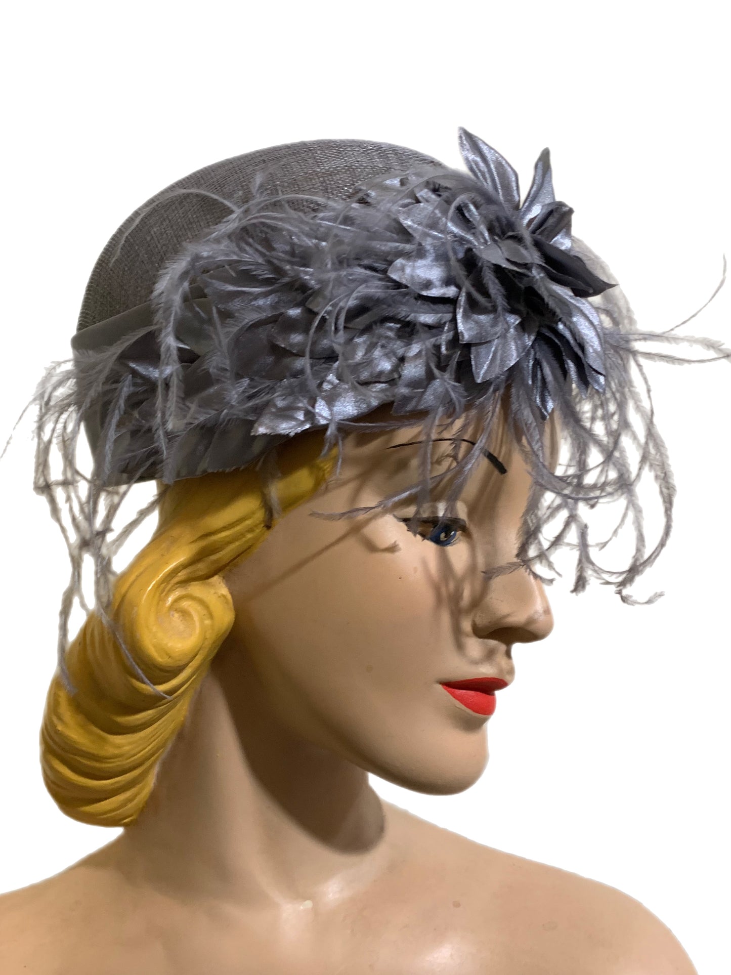 Grey Modern Does 1920s Sisal Hat with Feather Spray