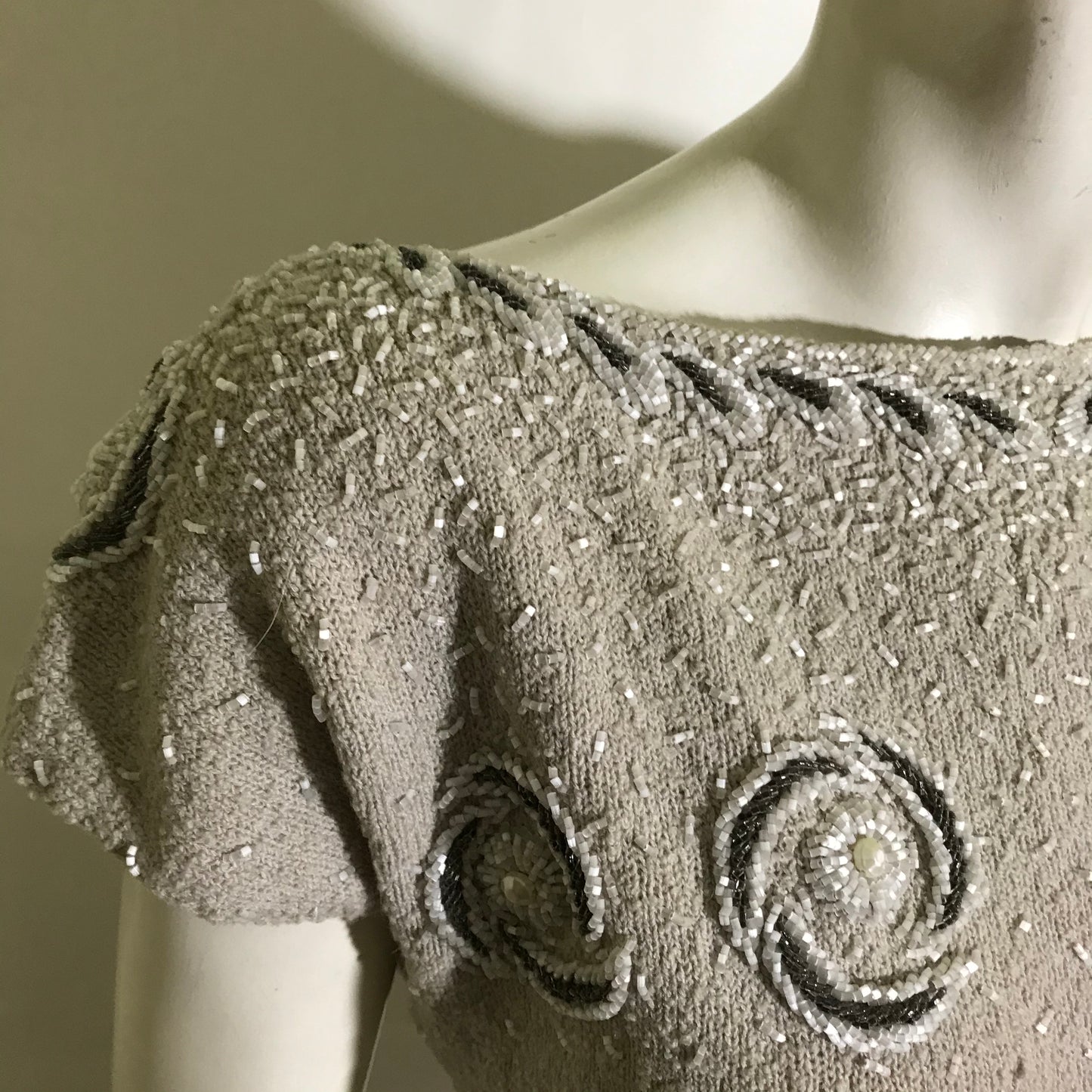 Oyster Wool Glass Beaded Cocktail Dress circa 1960s