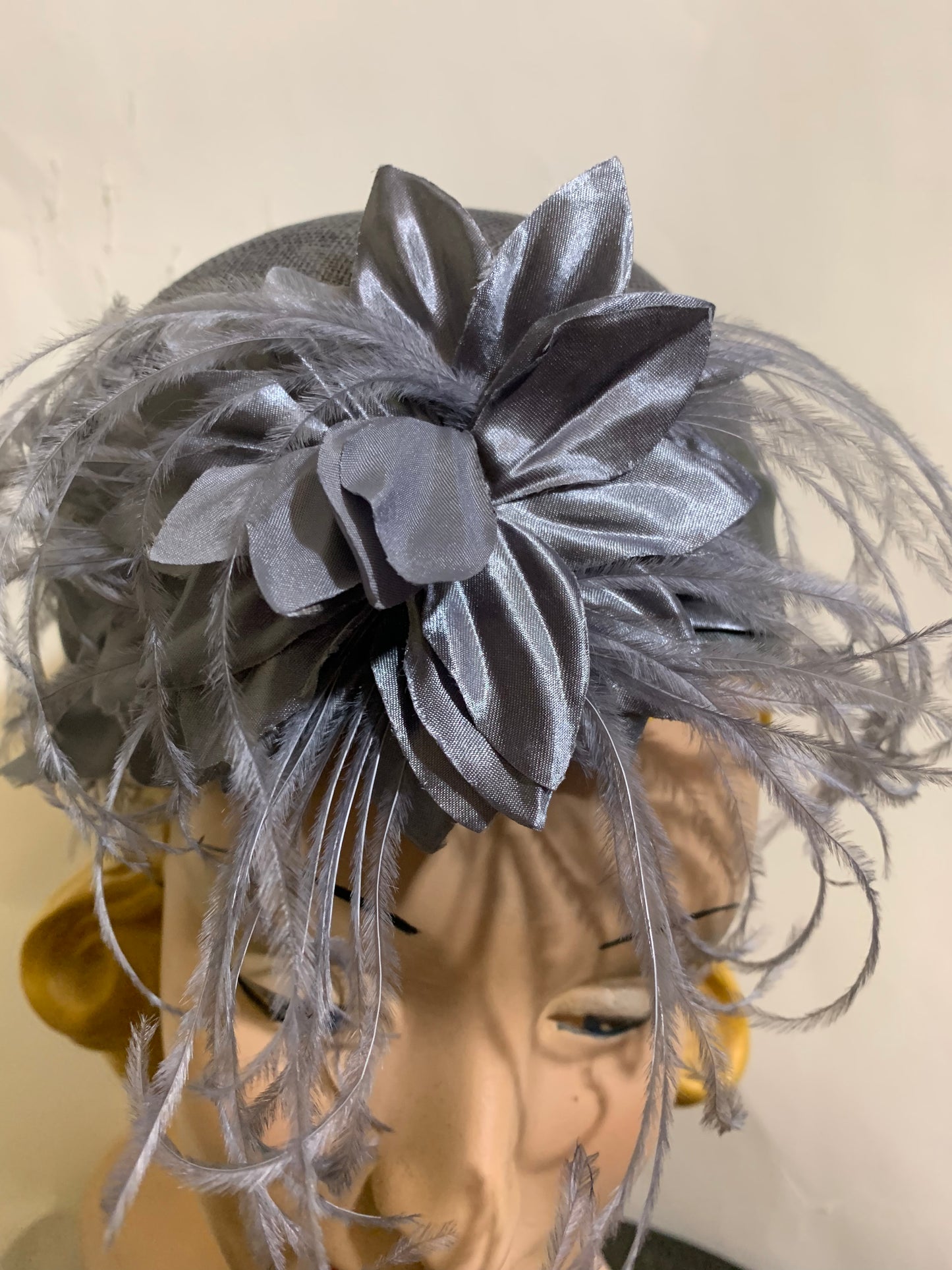 Grey Modern Does 1920s Sisal Hat with Feather Spray