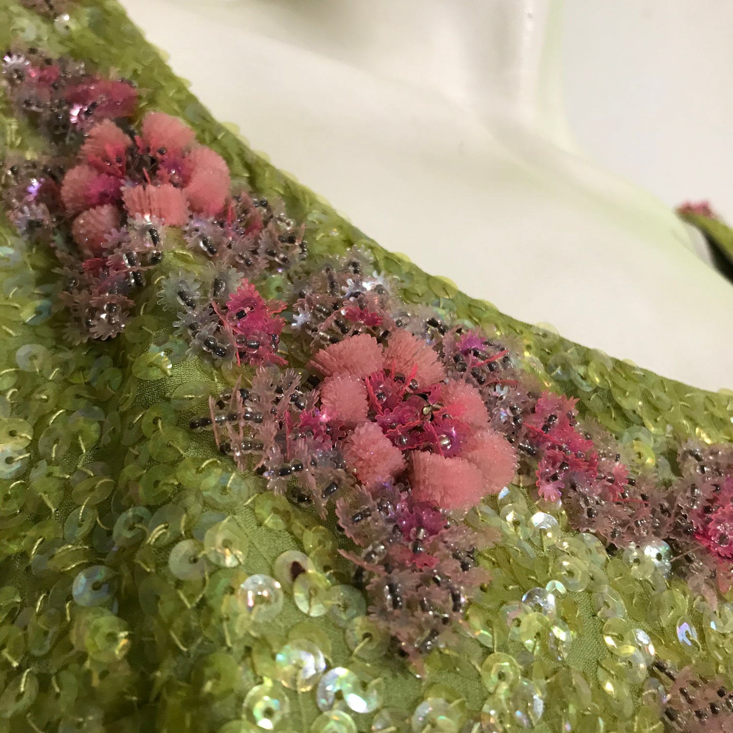 Chartreuse Glam Sequined Cocktail Dress with 3-D Pink Floral Accents circa 1960s