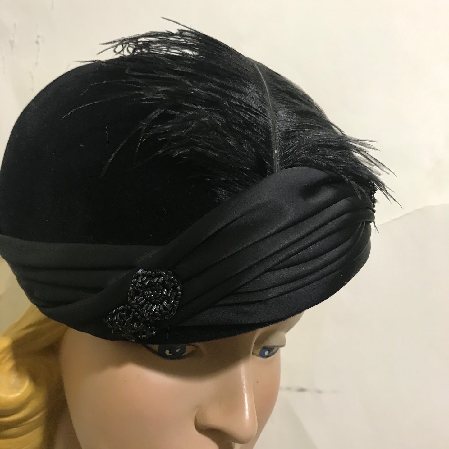 Black Rounded Front Tilt Hat with Beaded Feather Plume circa 1940s