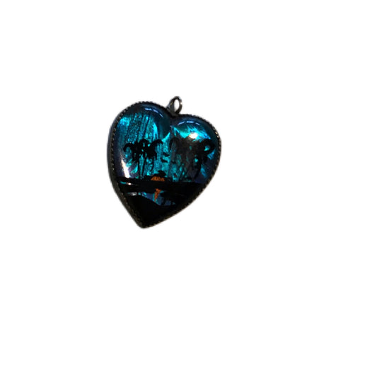 Painted Morpho Butterfly Wing Palm Trees in Sterling Silver Heart Pendant circa 1920s