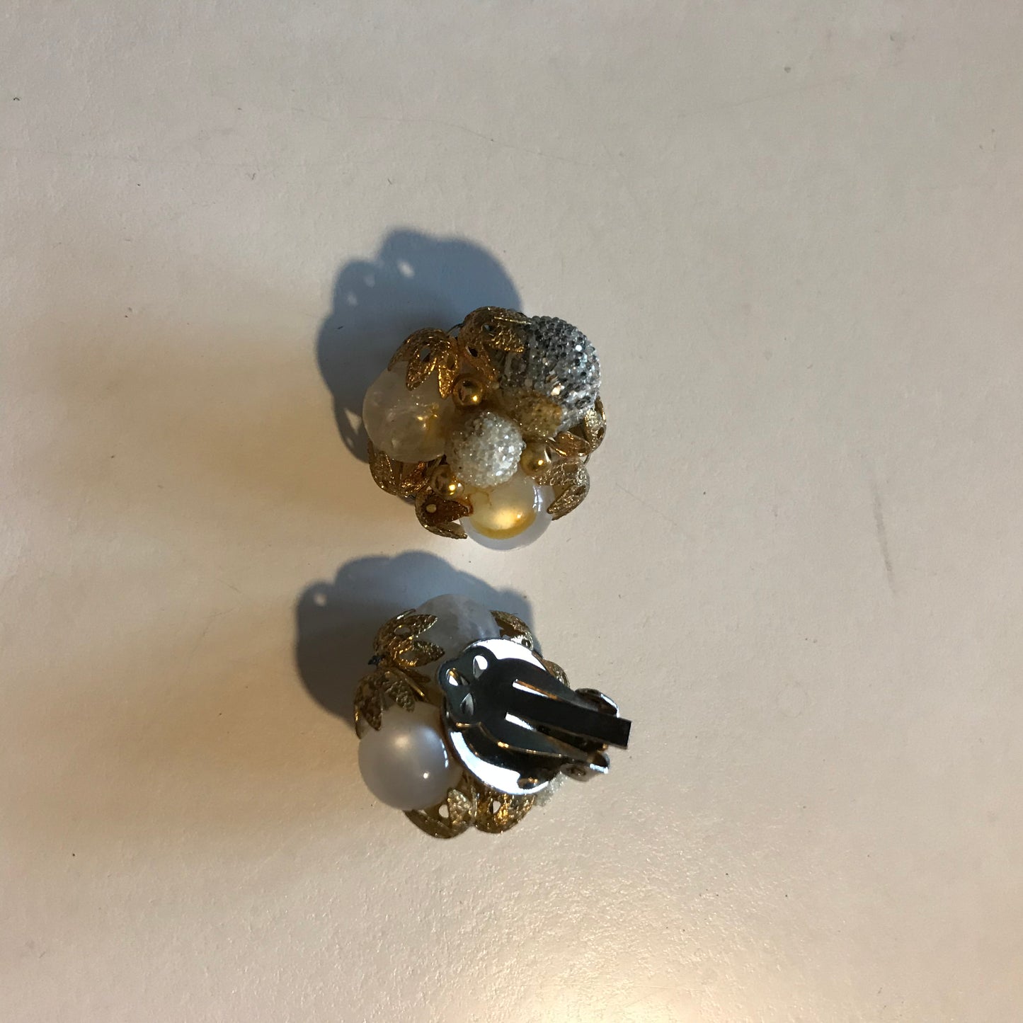 Shimmering Champagne and White Bead Cluster Clip Earrings circa 1960s