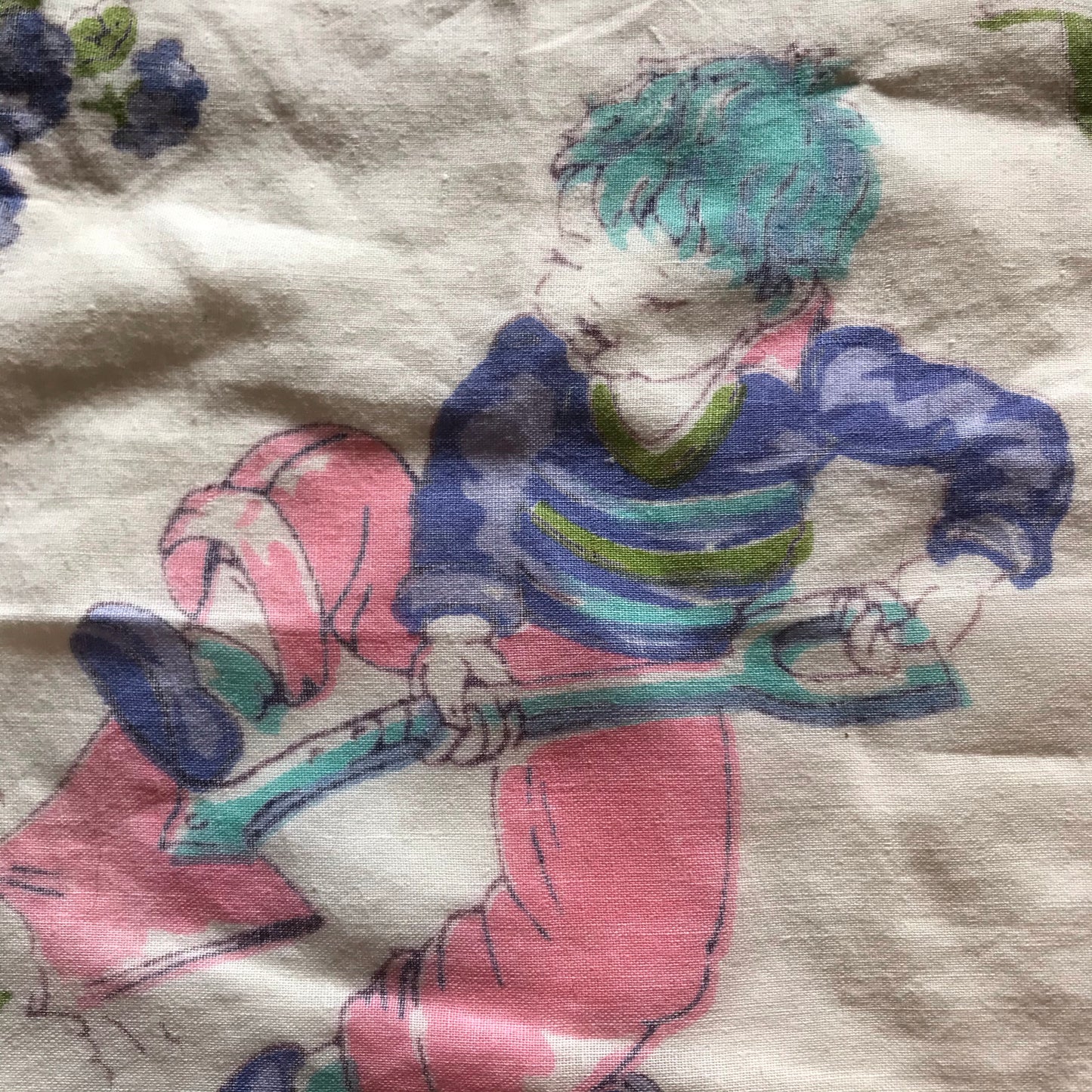 Pastel Gardening Boy Cotton Handkerchief circa 1930s