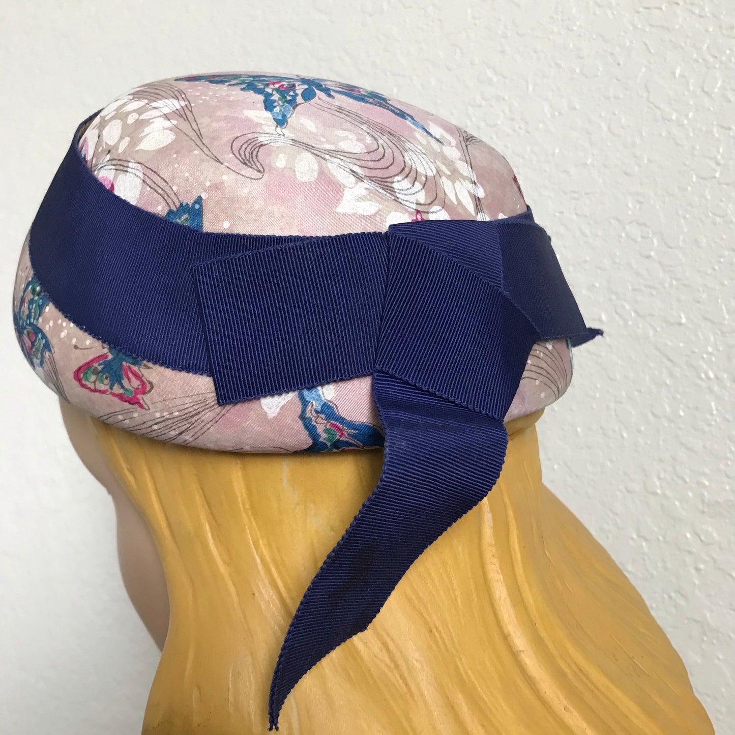 Butterfly Print Silk Round Top Hat w/ Bow circa 1960s Lilly Daché