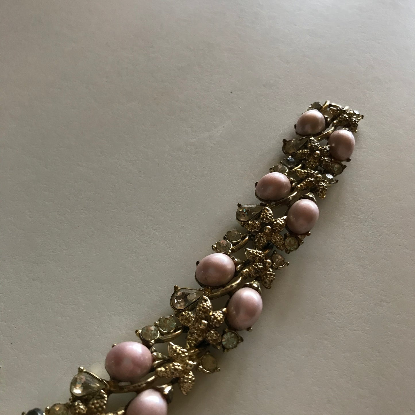 Pink Faux Baroque Pearls and Rhinestones Silver Tone Metal Bracelet circa 1960s