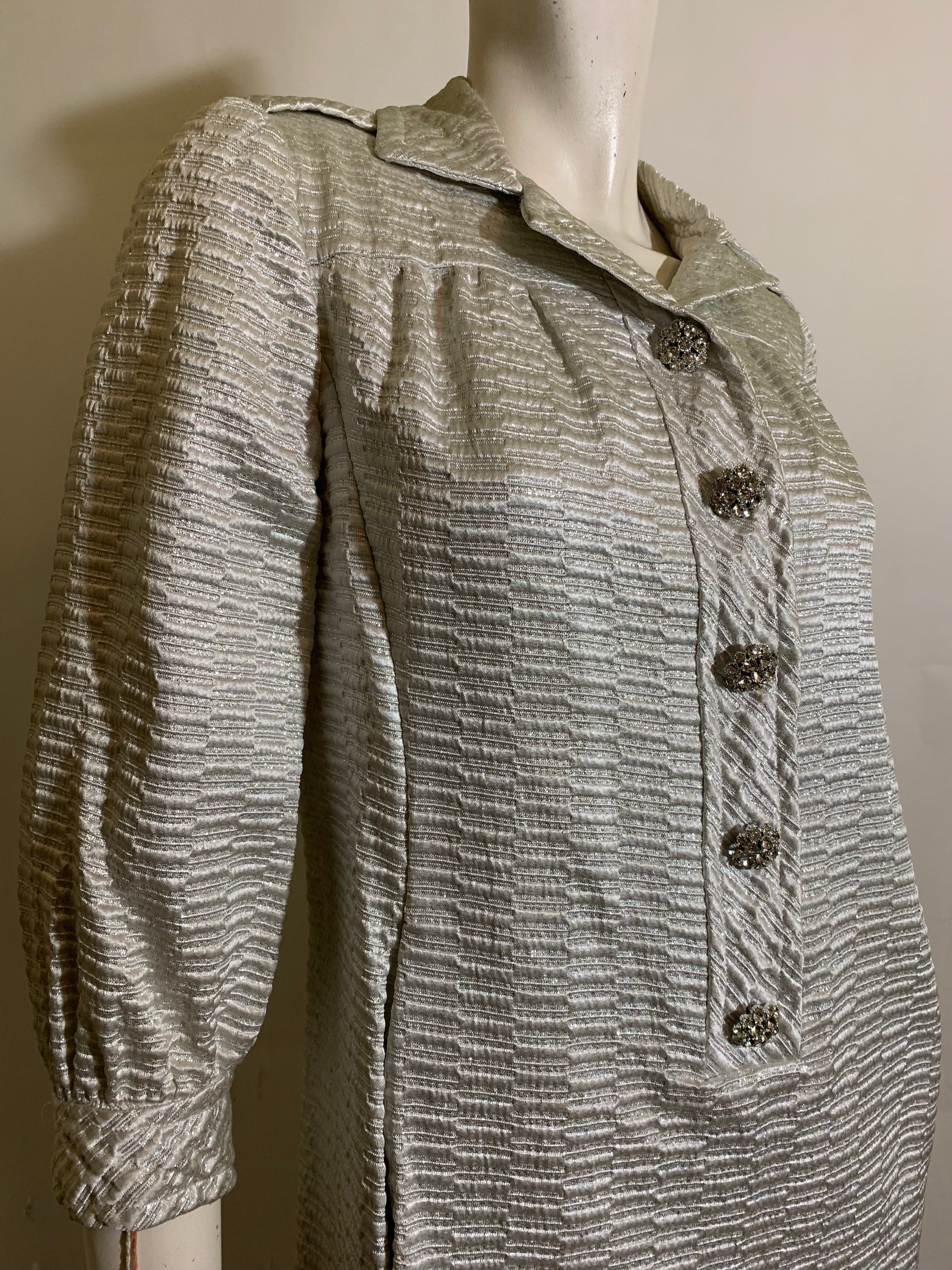 Sophisticated Space Age Silver Metallic Shift Dress with Rhinestone Buttons Circa 1960s Sophisticated Space Age Silver Metallic Shift Dress with Rhinestone Buttons Circa 1960s