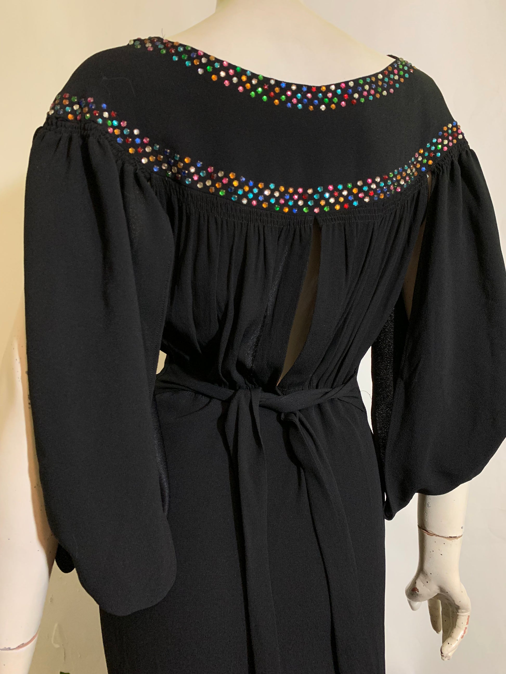 RESERVED Rainbow Vamp! Black Crepe Evening Gown with Rainbow Rhinestones  and Side Slit Sleeves and Back circa 1930s