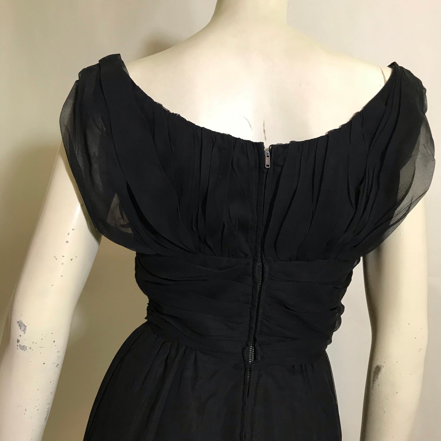 Black Chiffon Draped Neckline Cocktail Dress circa 1960s