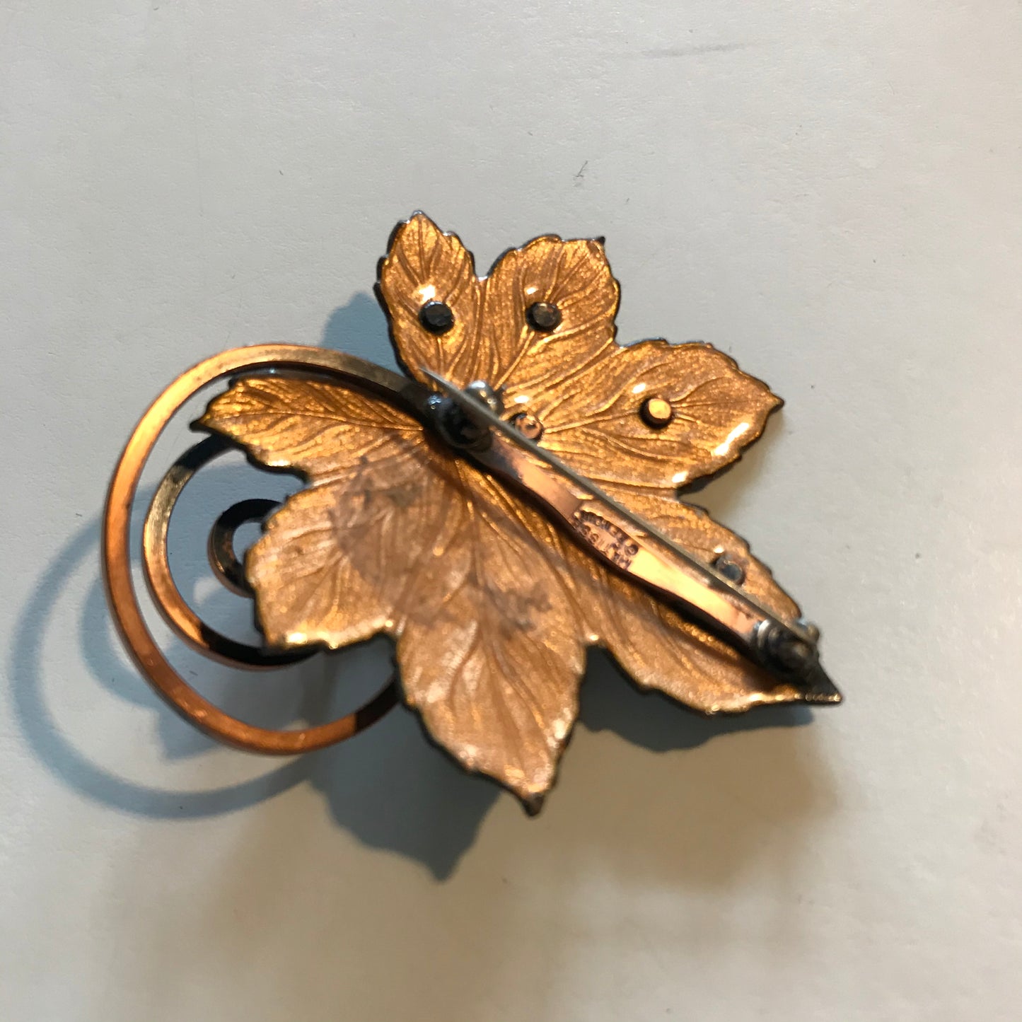 Enameled Copper Green Leaf with Coil Brooch circa 1940s