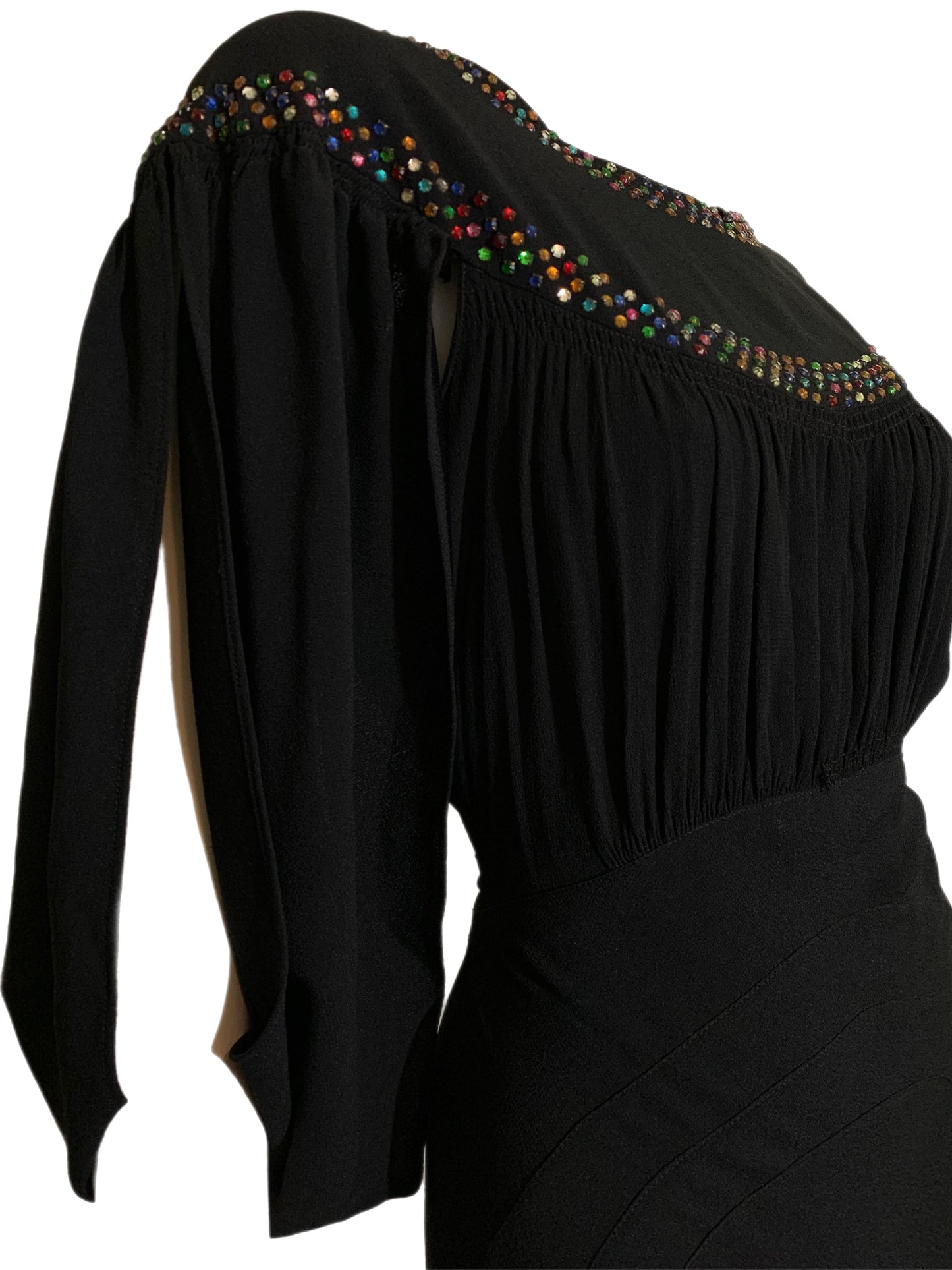 RESERVED Rainbow Vamp! Black Crepe Evening Gown with Rainbow Rhinestones and Side Slit Sleeves and Back circa 1930s