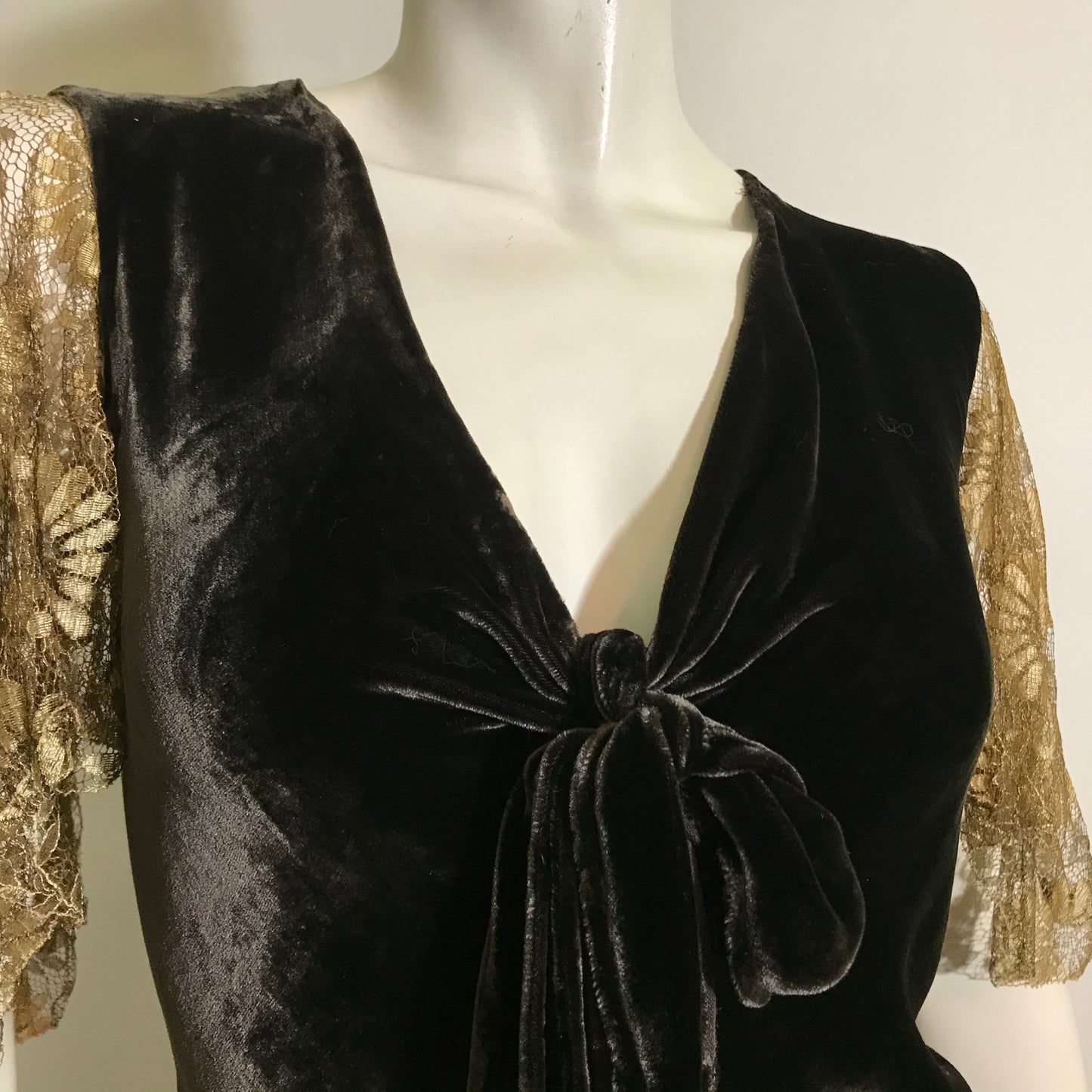 Deepest Cocoa Silk Velvet Dress with Lace Cape Sleeves and Matching Jacket with Flower circa 1930s