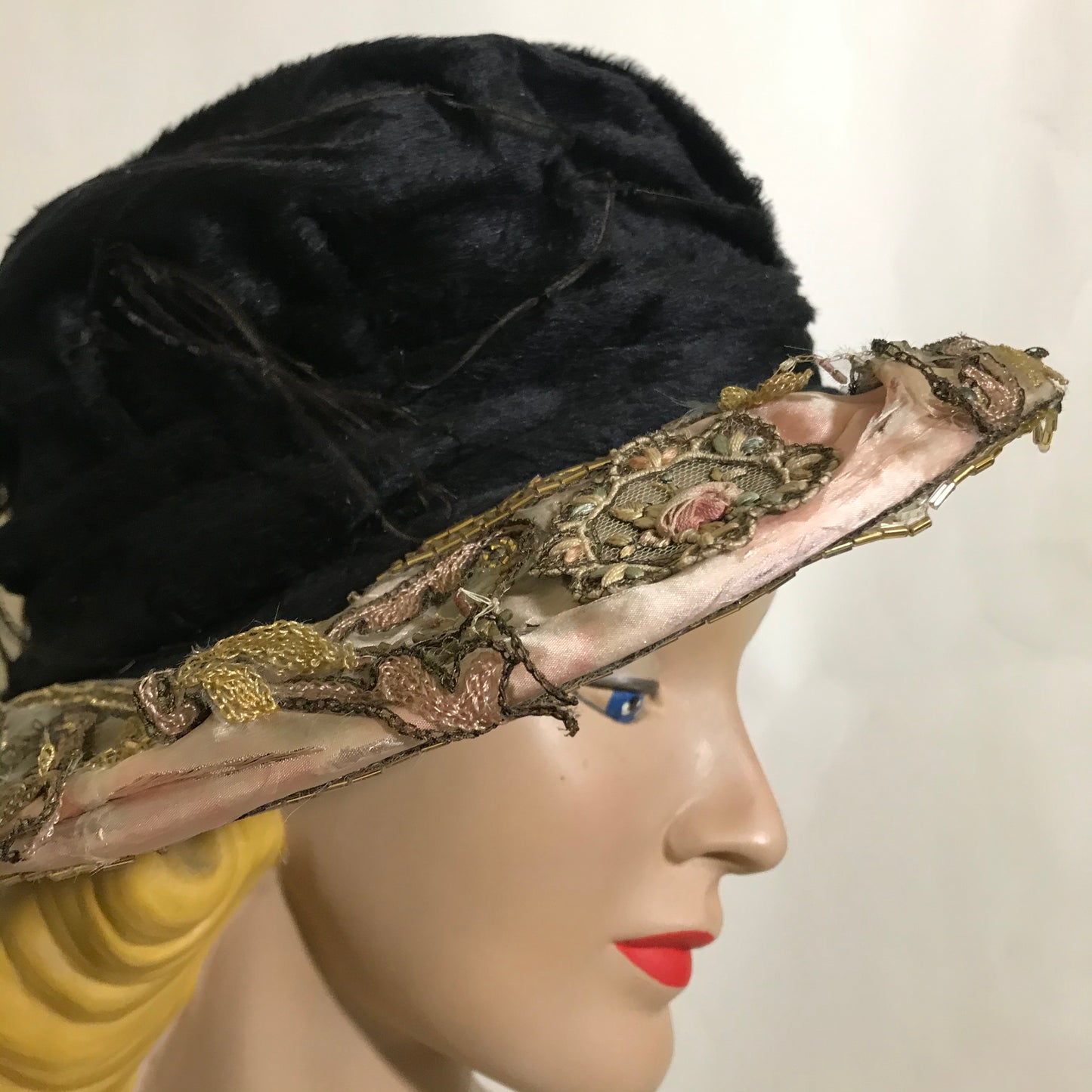 Edwardian Black & Pink Velvet Asymetrical Brim Hat with Beading and Lace circa Early 1900s