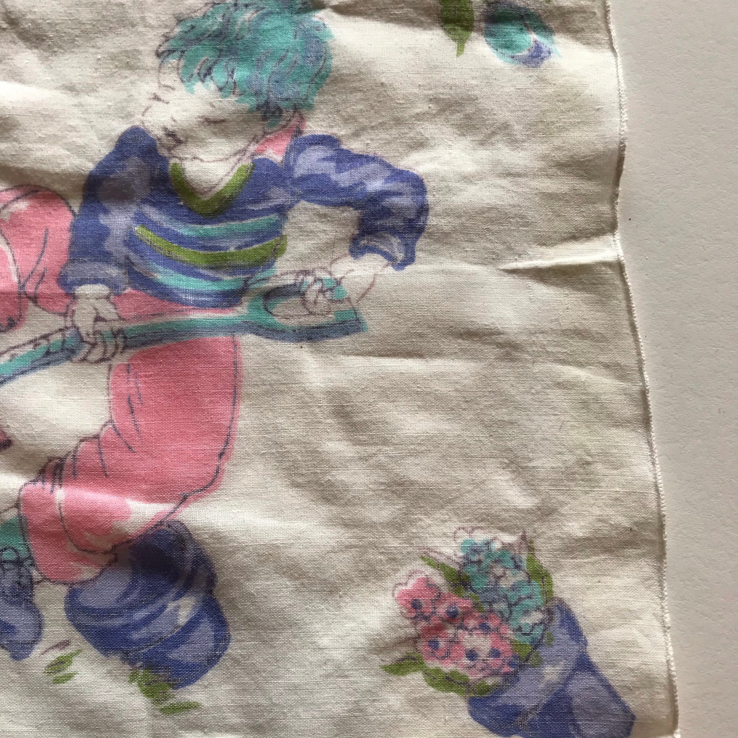 Pastel Gardening Boy Cotton Handkerchief circa 1930s