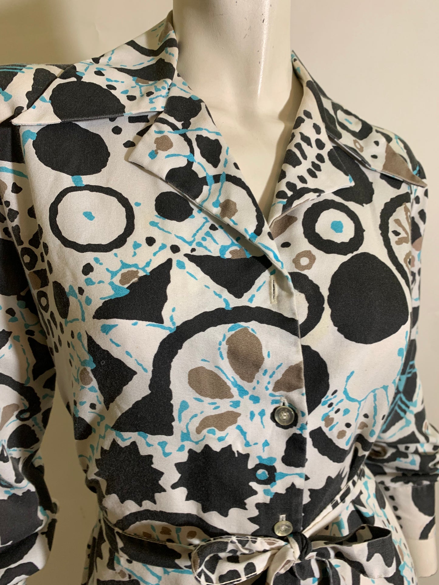 Black and Blue Wild Abstract Print Belted Blouse circa 1970s
