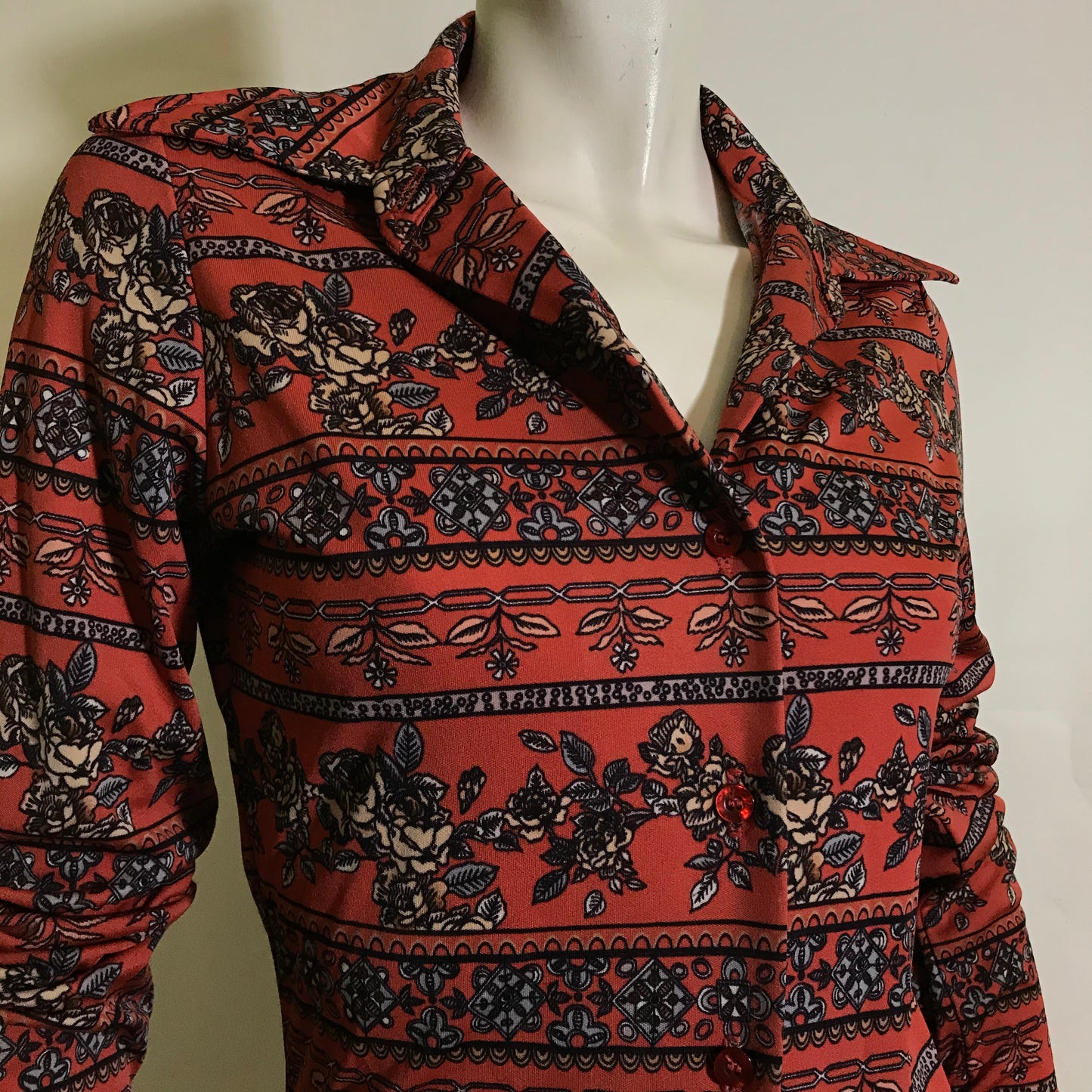 Red and Blue Rose Print Button Down Jersey Blouse circa 1970s
