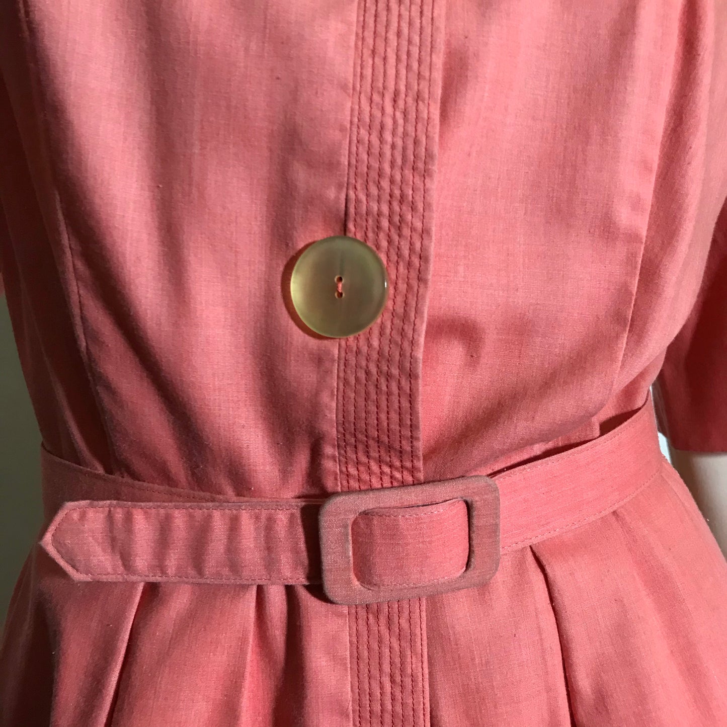 Cheery Coral Cotton Shirt Waist Dress w/ Big Buttons circa 1960s