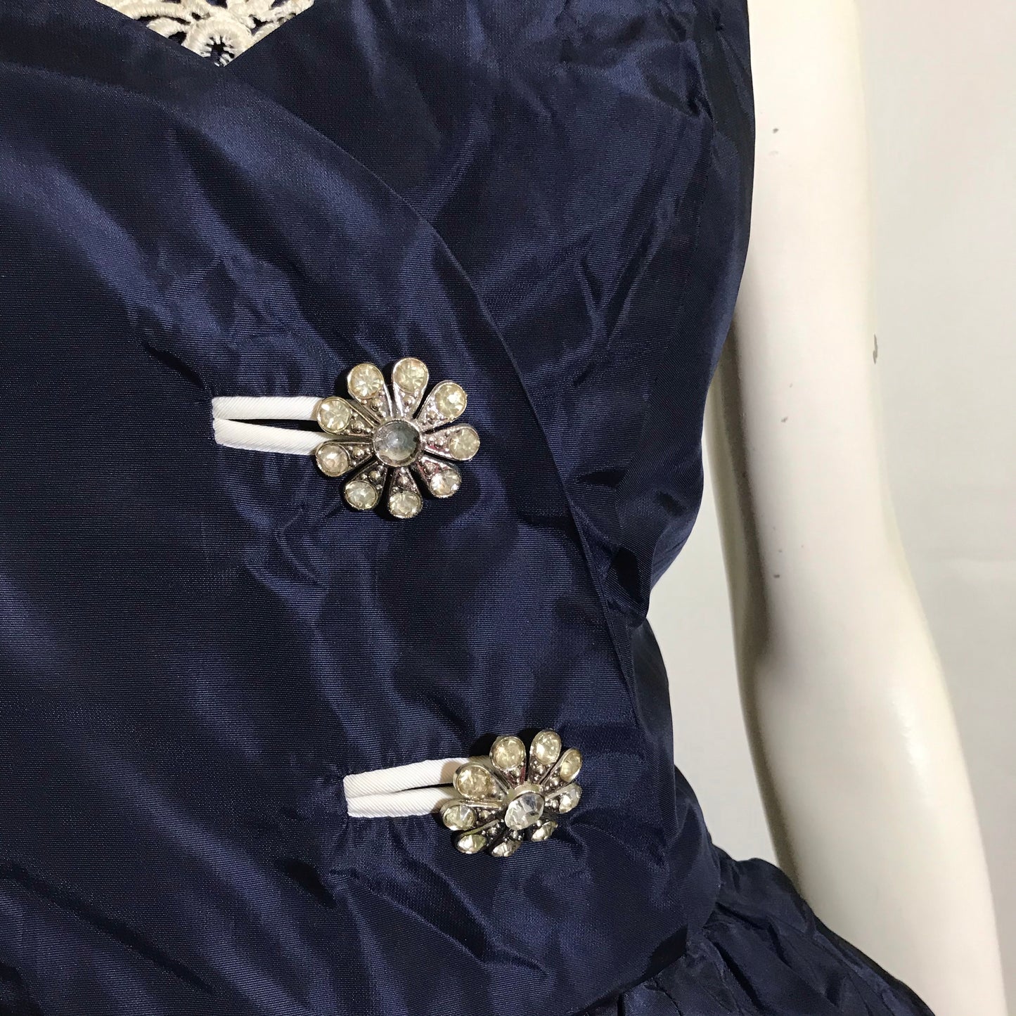 Rhinestone Button Trimmed Deep Blue Taffeta Cocktail Dress with Swagged Skirt circa 1940s