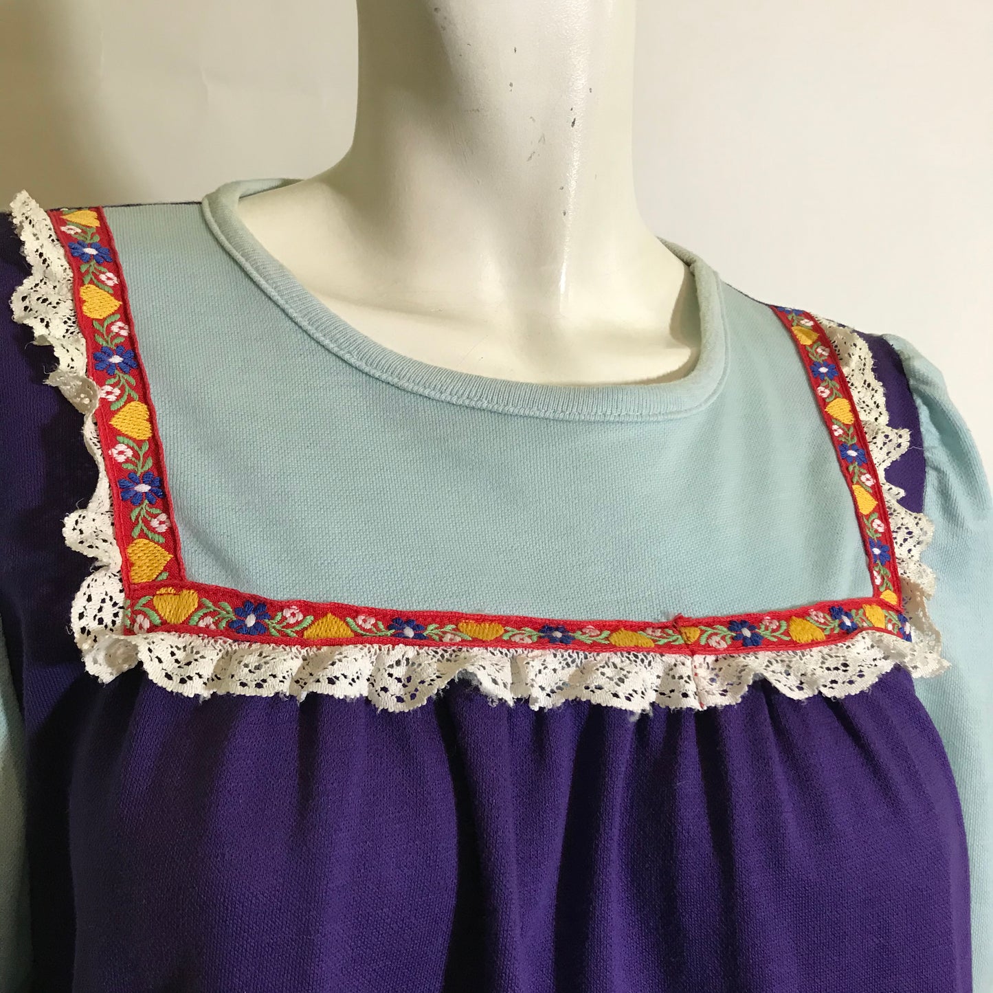 Purple and Blue Lace and Ribbon Trimmed Mini Dress circa 1970s