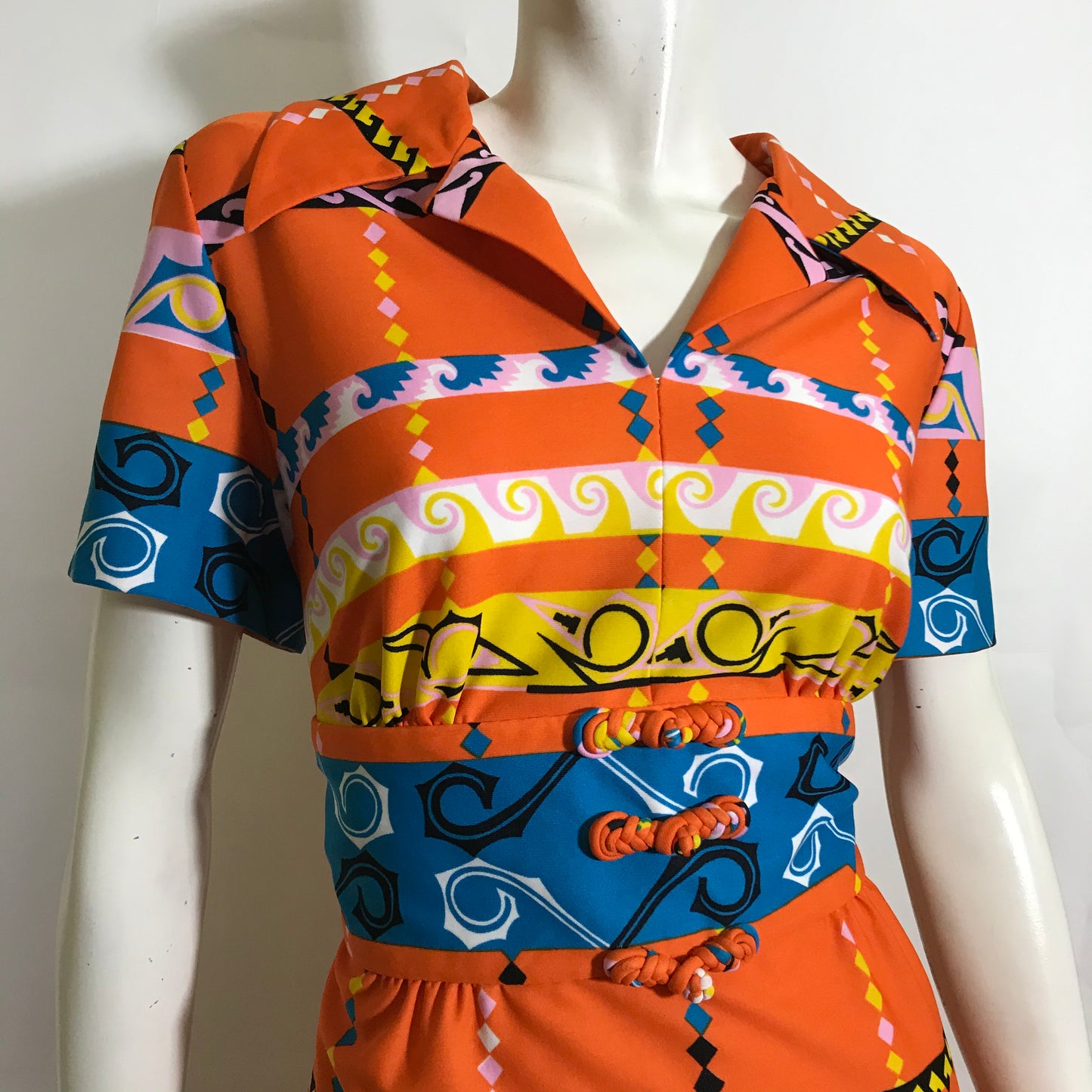 Japanese Graphics Blue and Orange Dress with Frog Knot Details circa 1970s