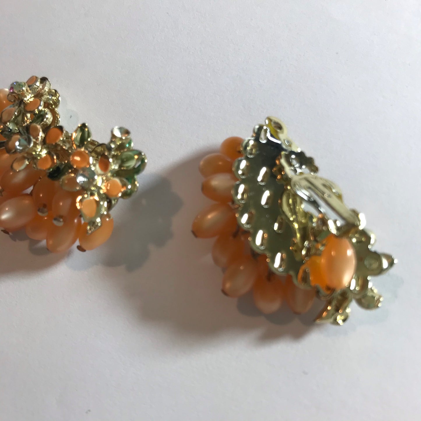 Shimmering Peach and Gold Tone Metal Beaded Ear Climber Clip Earrings circa 1960s