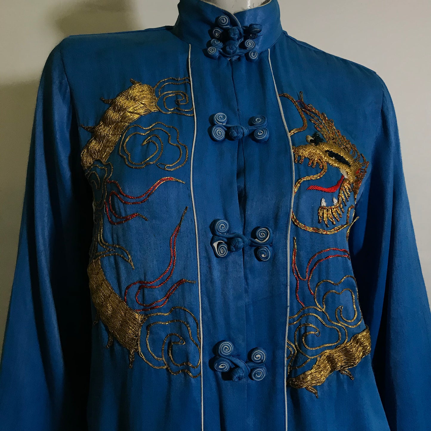 Ocean Blue Silk 2 Pc Pyjama Set Golden Embroidered Dragons circa 1930s