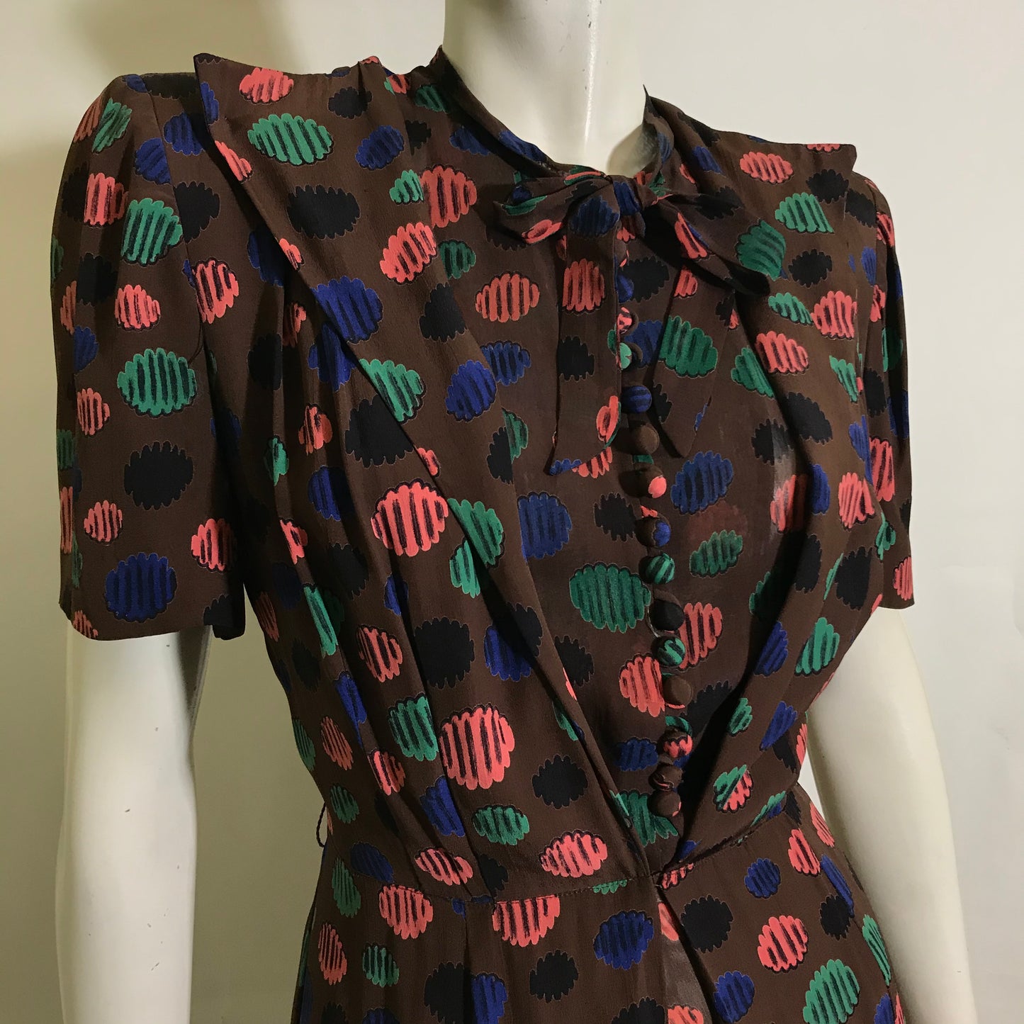 Semi-Sheer Cocoa Brown Rayon Dress and Overdress with Abstract Polka Dot Print circa 1940s