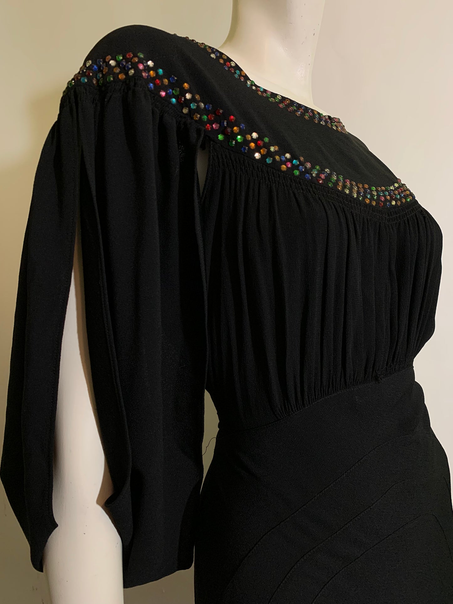 RESERVED Rainbow Vamp! Black Crepe Evening Gown with Rainbow Rhinestones and Side Slit Sleeves and Back circa 1930s