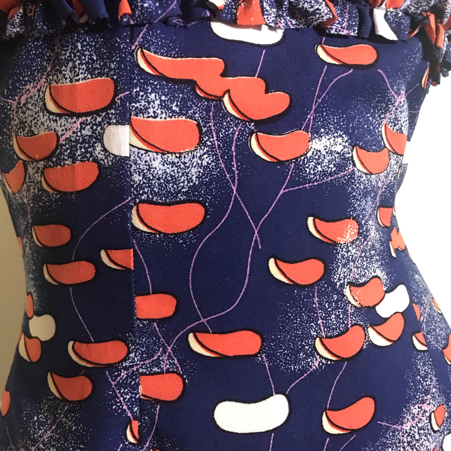 Calder Style Mobile Design Blue and Orange Print Empire Waist Midi Dress circa 1970s