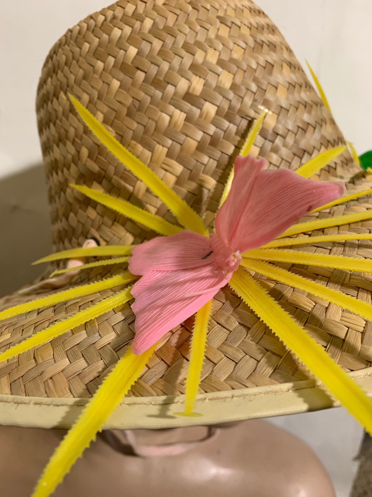 Braided Flat Straw Sun Hat with Butterflies and Flowers circa 1940s