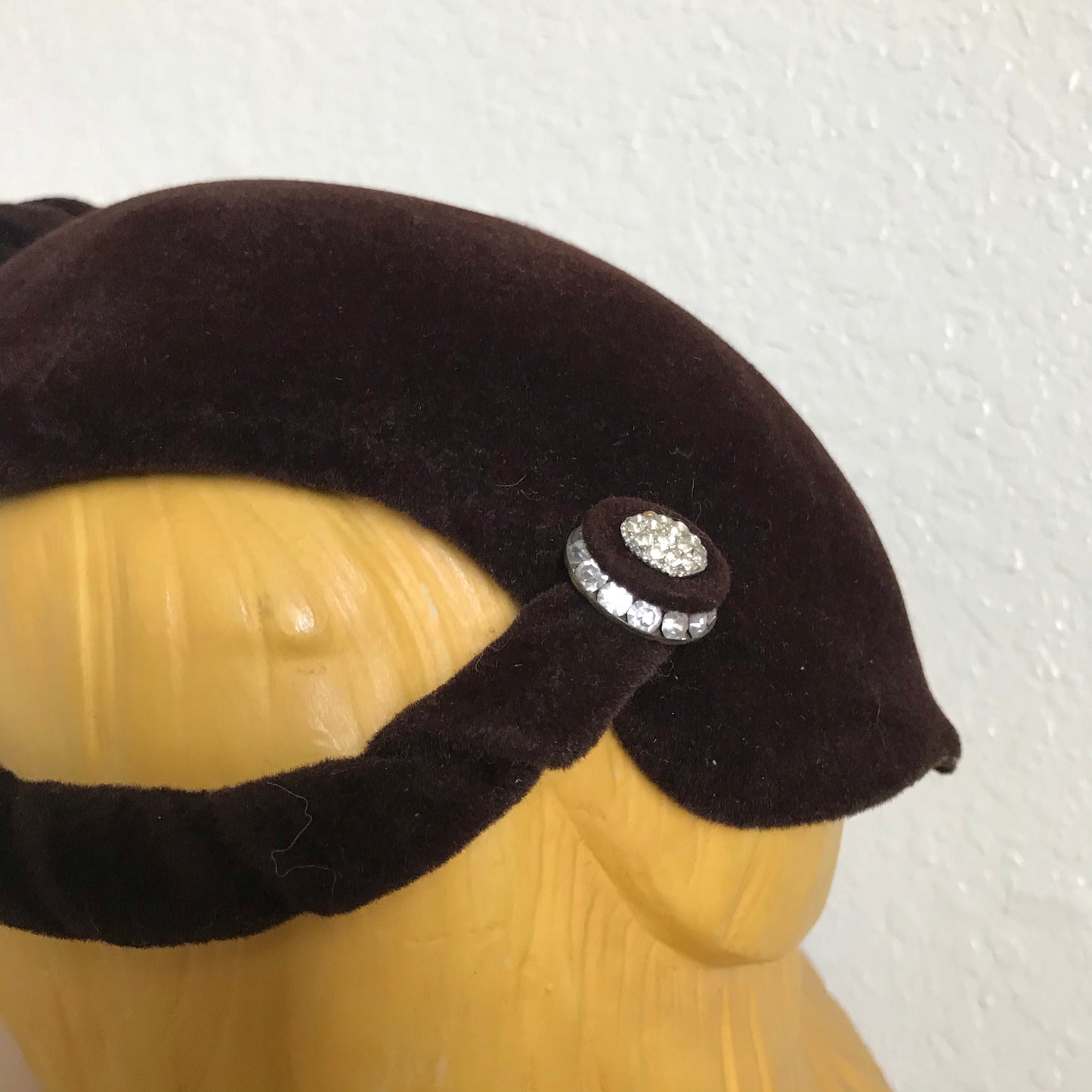 Chocolate Brown Felted Wool Elegantly Sculpted Rhinestone Accented Cocktail Hat circa 1950s