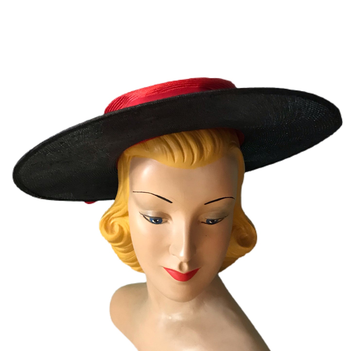 Black and Red Wide Brimmed Hat with Red Poppy and Bow circa 1960s