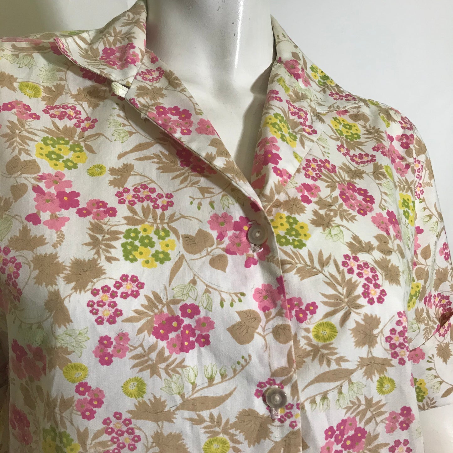 Pink and Tan Floral Cotton Blend Button Down Blouse circa 1960s