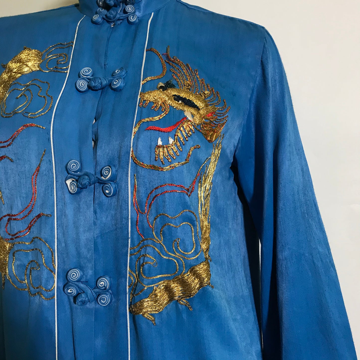 Ocean Blue Silk 2 Pc Pyjama Set Golden Embroidered Dragons circa 1930s