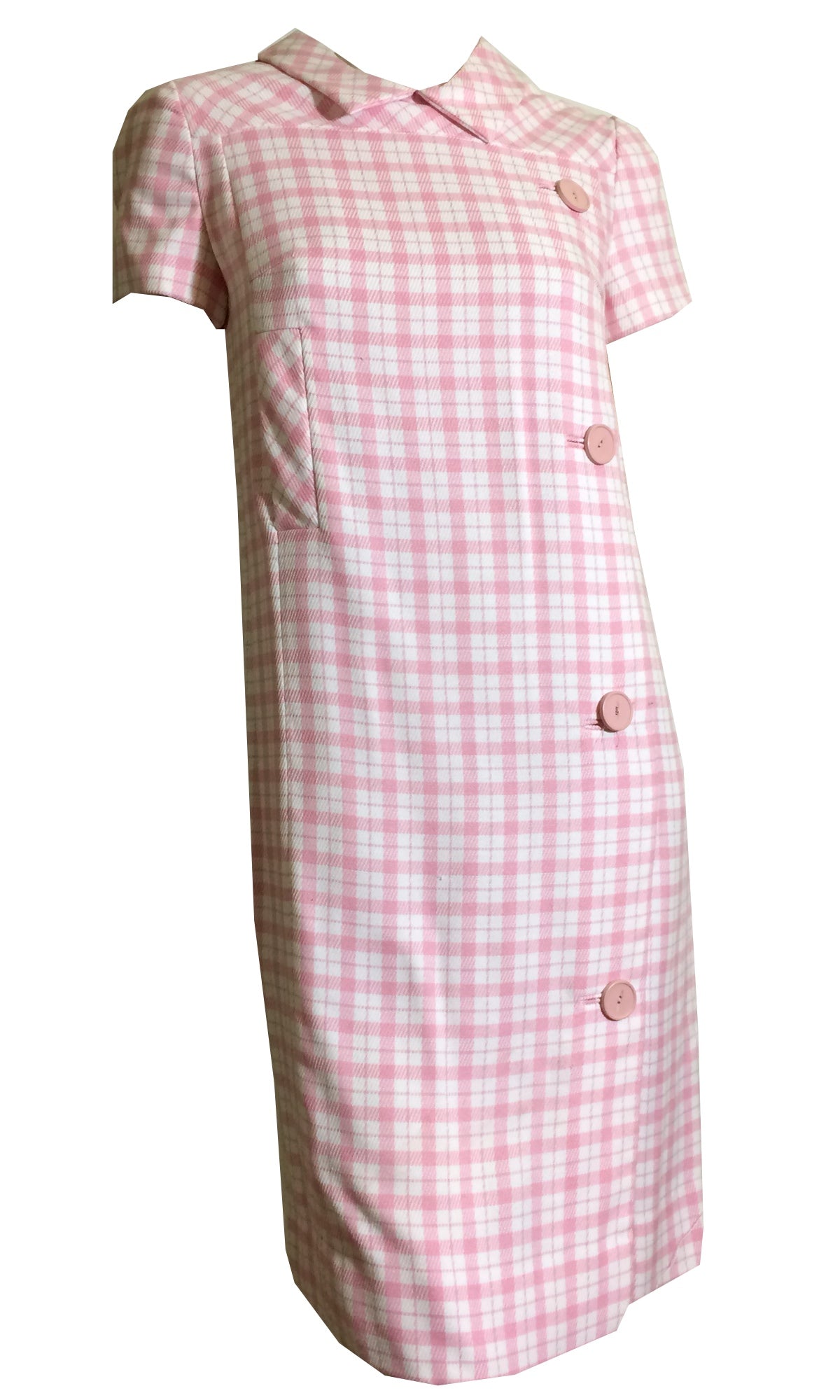 Preppy Pink Plaid Button Trimmed Shift Dress circa 1960s